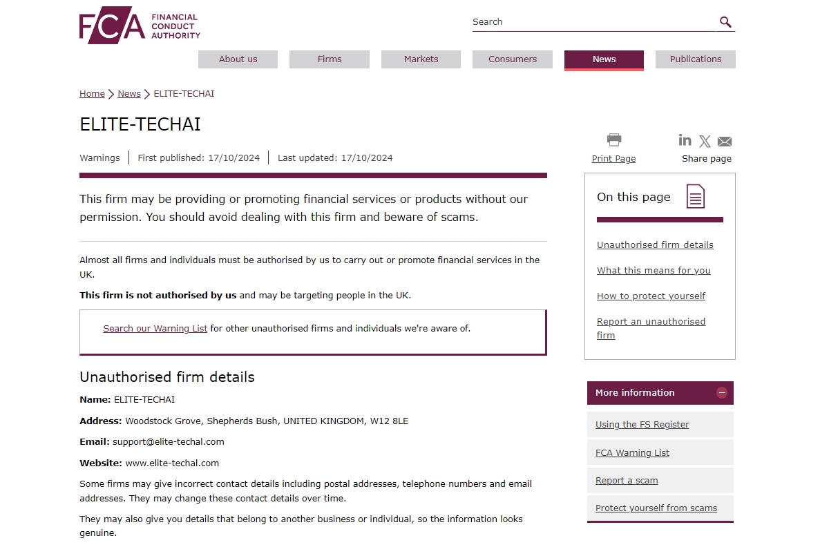 FCA issued warning against Elite-techal.com