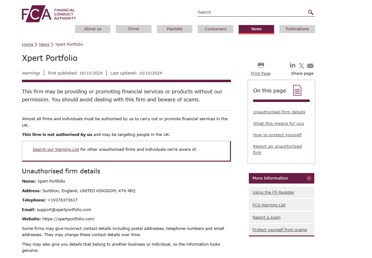 FCA issued warning against Xpertportfolio.com