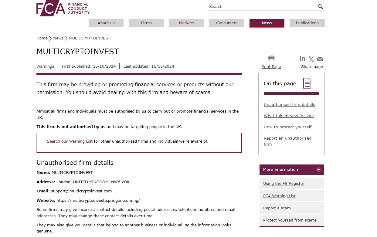 FCA has issued a warning against Multicryptoinvest