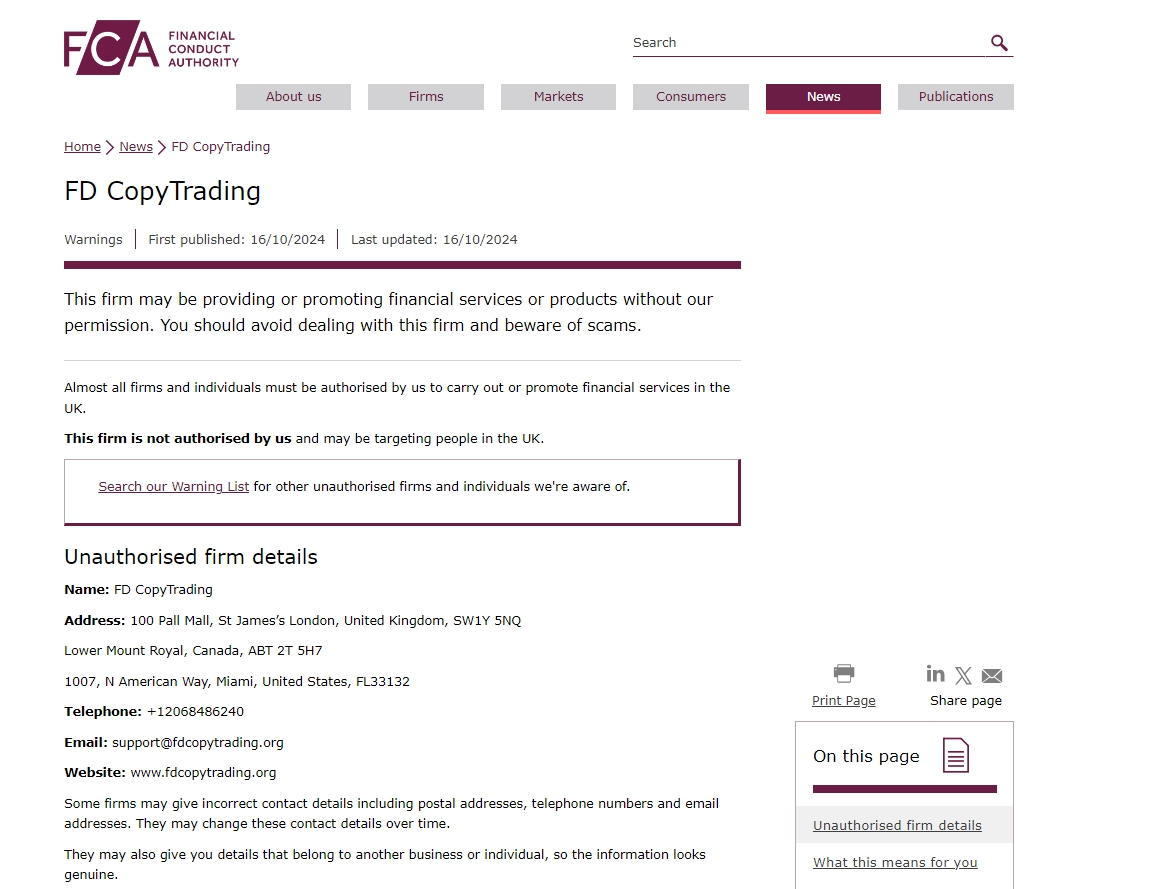 FCA issued warning against Fdcopytrading.org