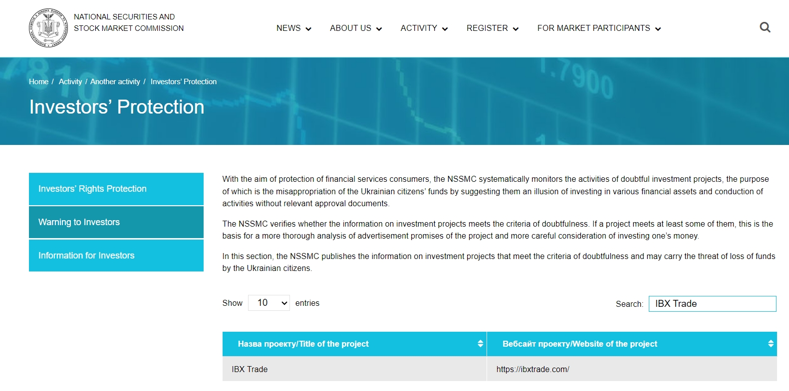 National Securities and Stock Market Commission of Ukraine has issued a warning to IBX Trade