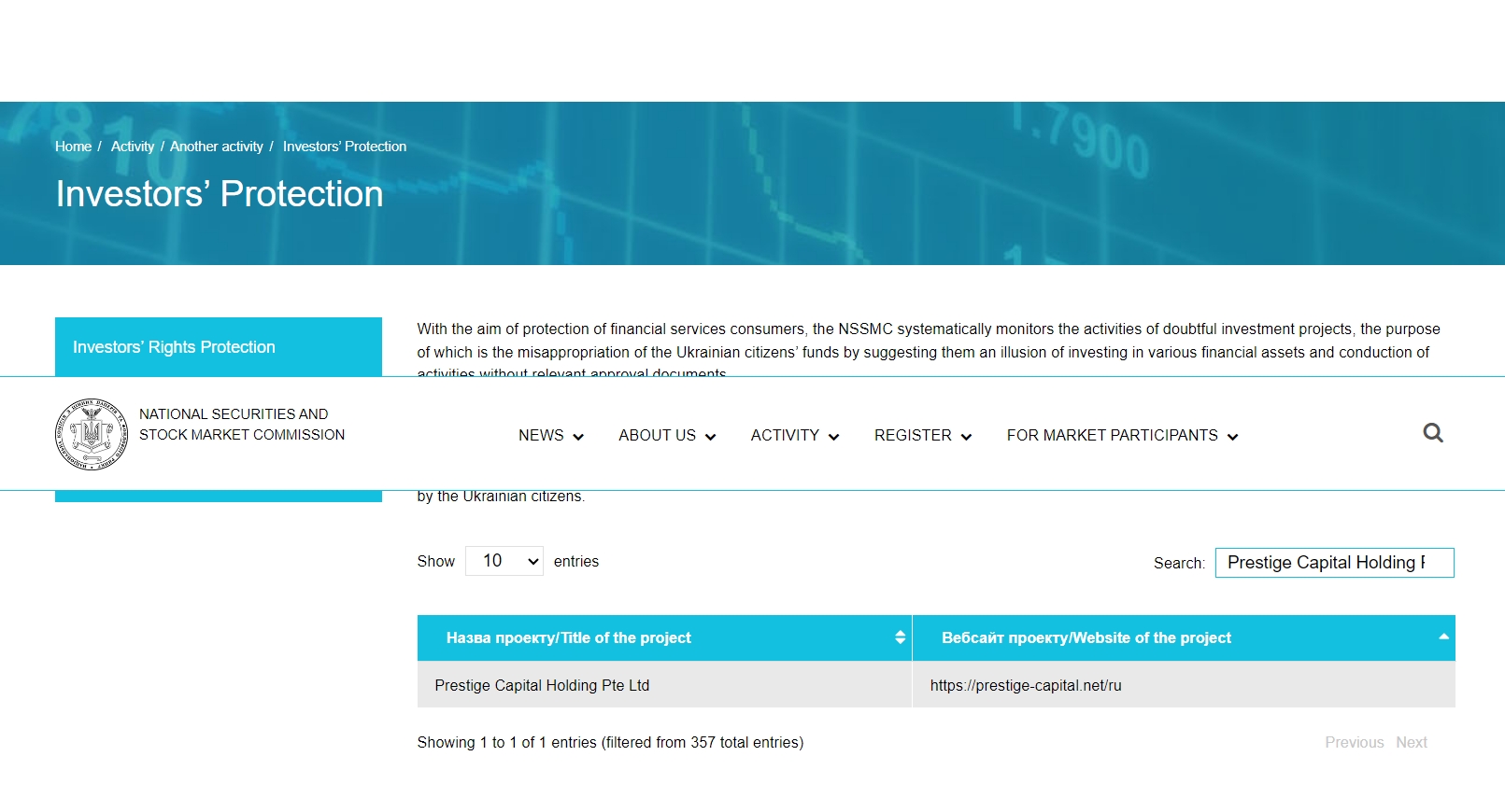 NSSMC issued warning against Prestige-capital.net