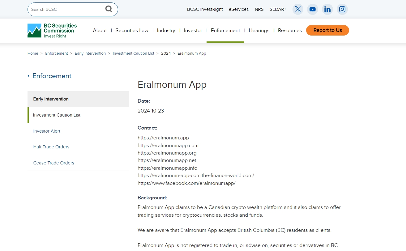 BCSC has issued a warning against Eralmonum App