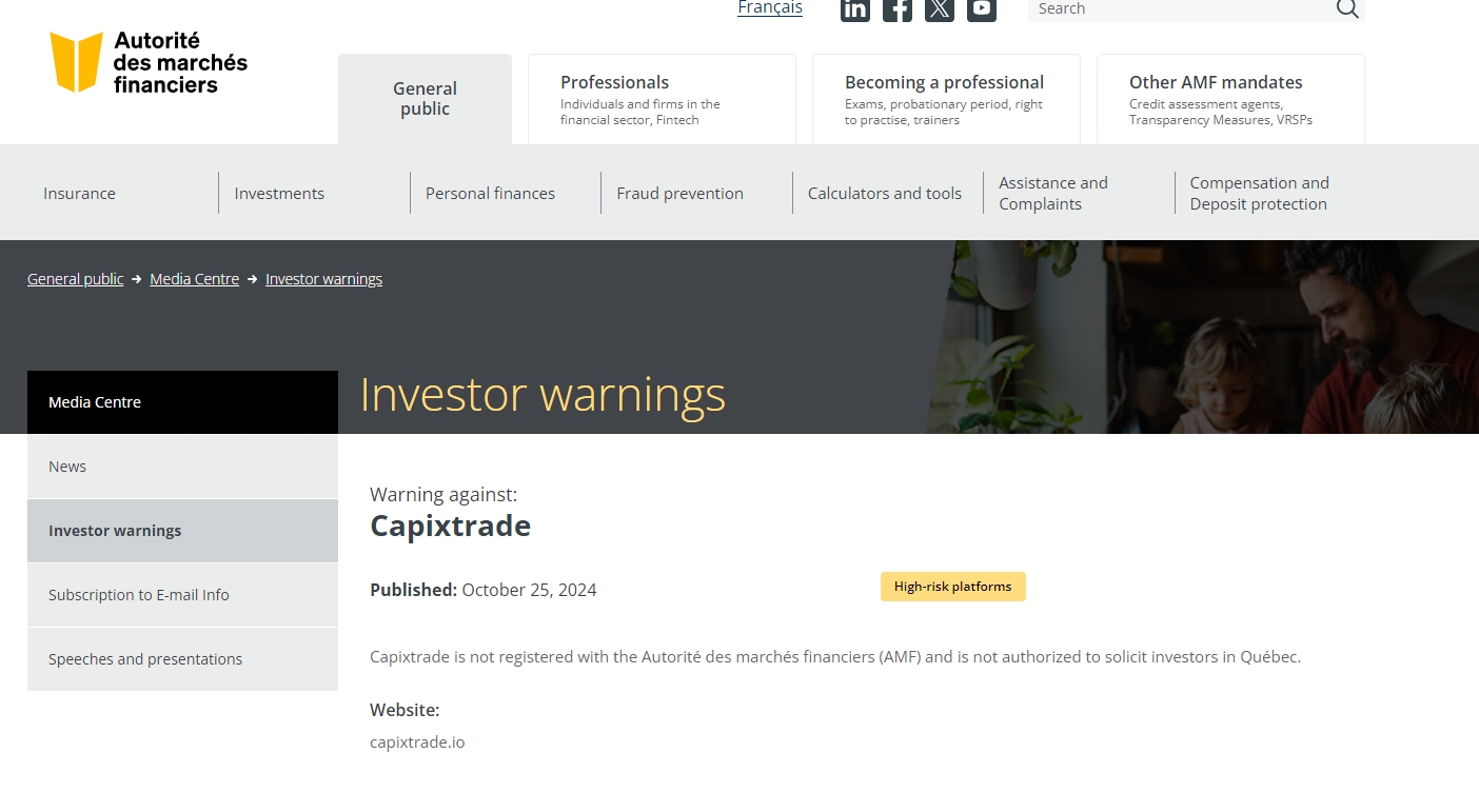 AMF has issued a warning against Capixtrade