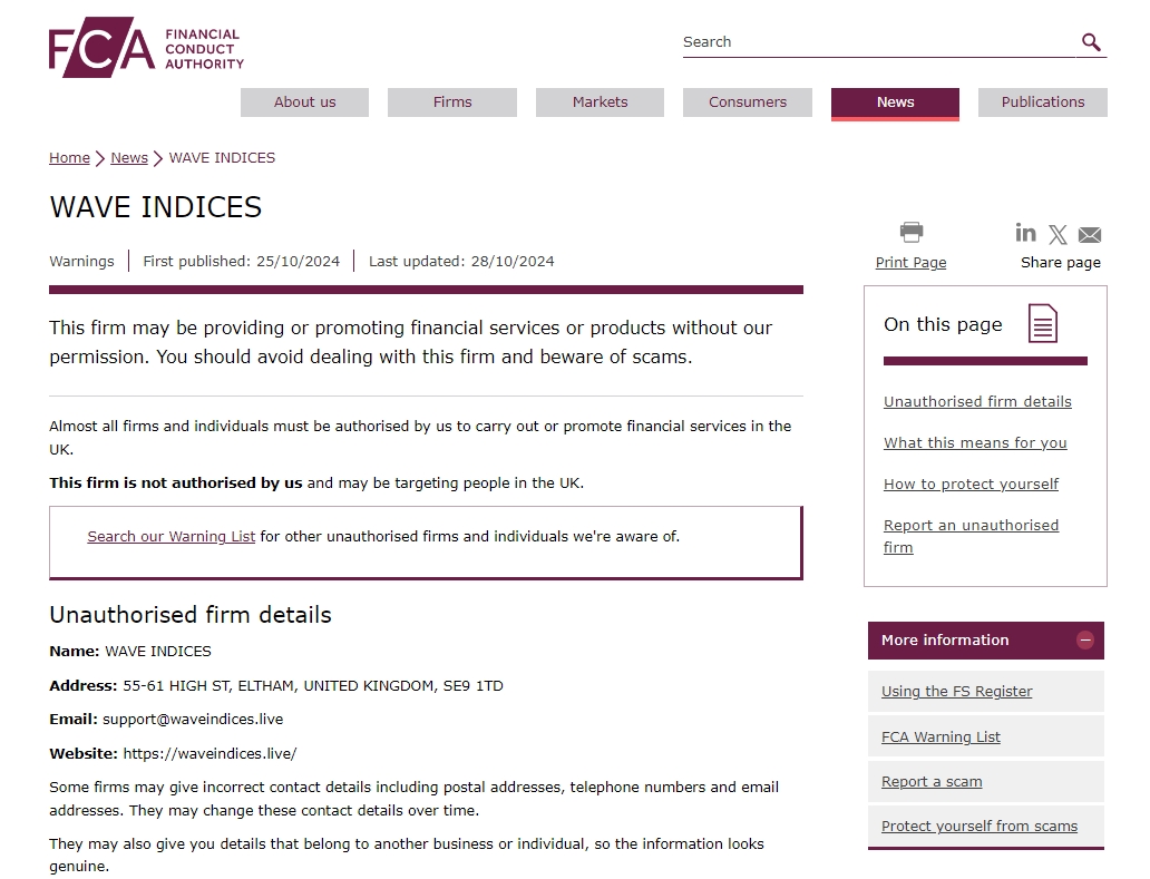 FCA issued warning against Waveindices