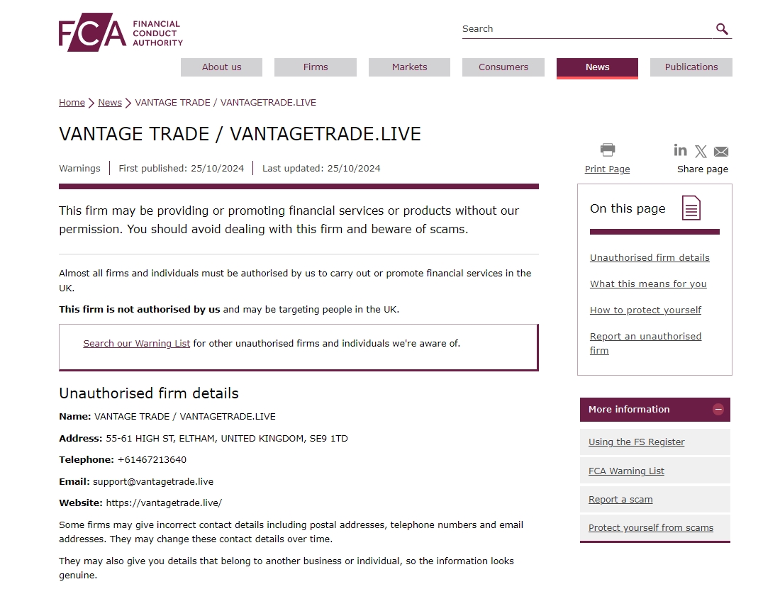 FCA issued warning against Vantagetrade