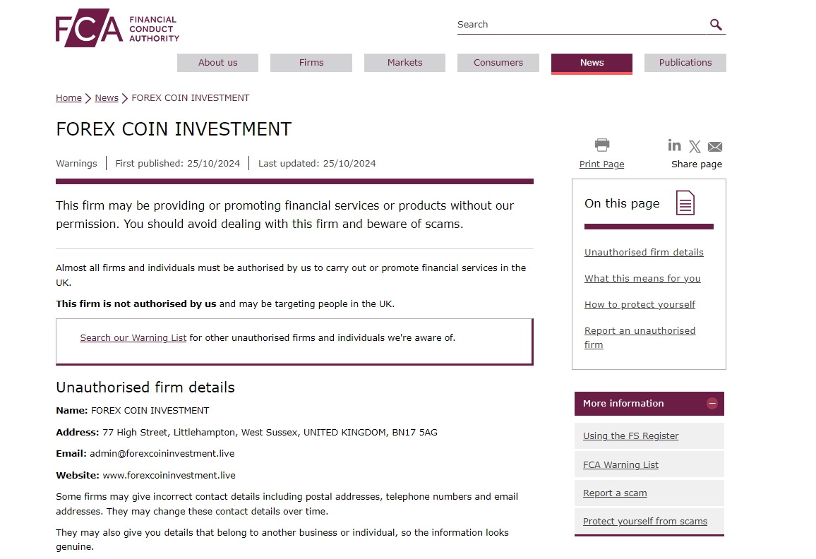 FCA issued warning against Forexcoininvestment.live