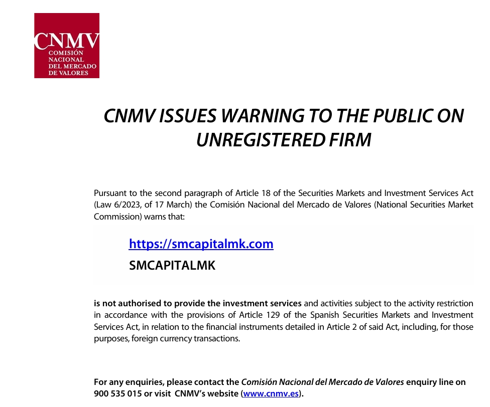 CNMV of Spain has issued a warning against Smcapitalmk.com