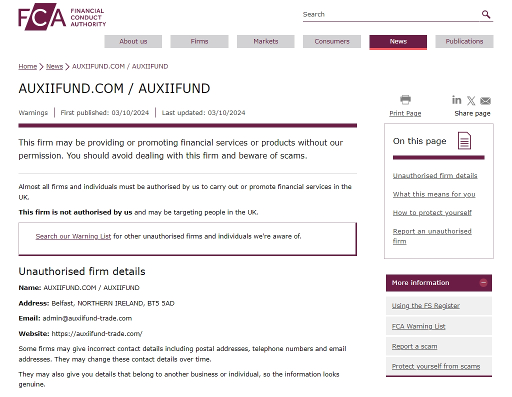 FCA issued warning against Auxiifund.com