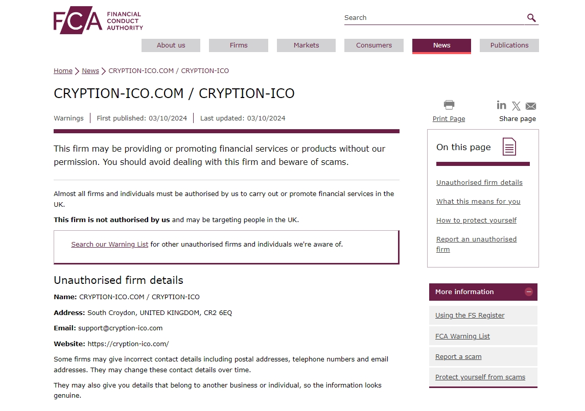 FCA warning against 	
Cryption-ico.com