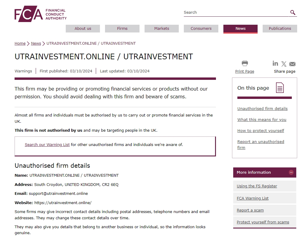 FCA warning on Utrainvestment