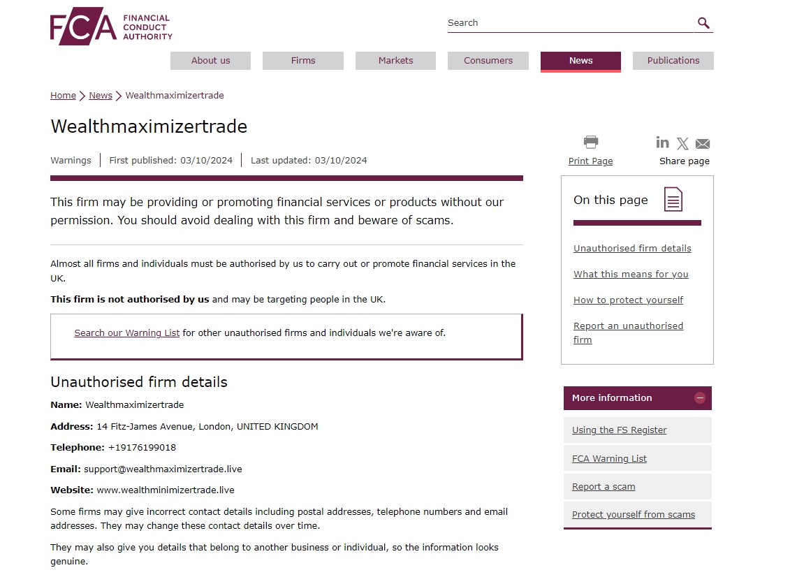 FCA Warning against Wealthmaximizertrade 