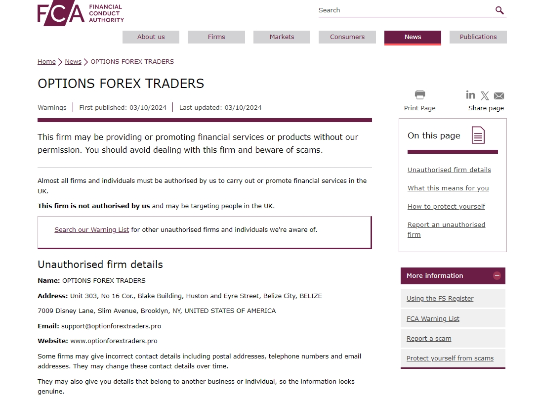 FCA warning against Optionforextraders