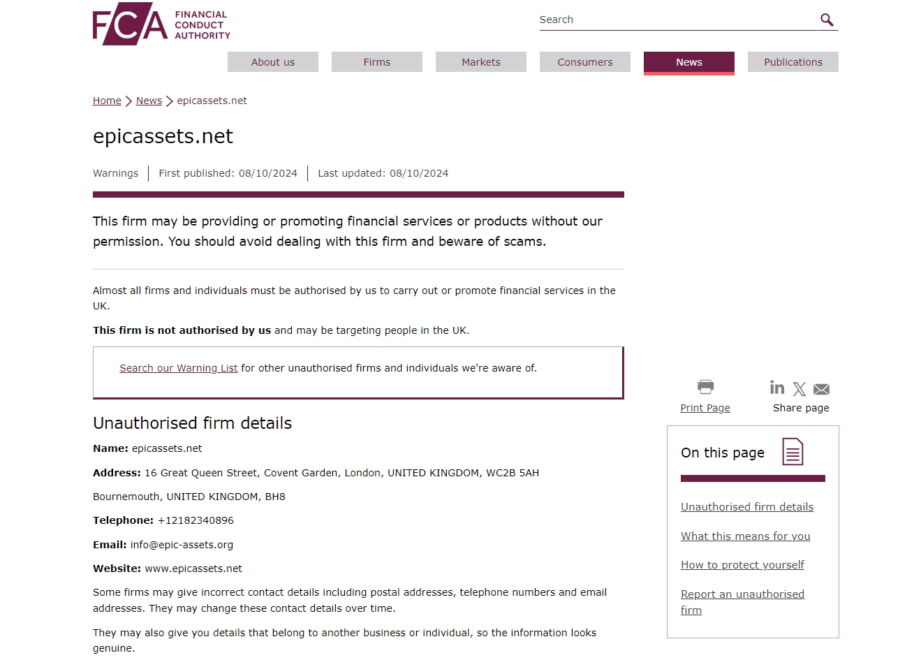 FCA issued warning against Epicassets.net