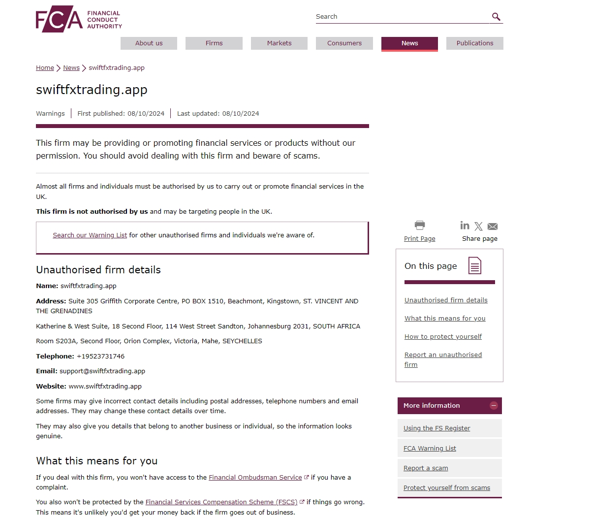 FCA Warning on Swiftfxtrading.app