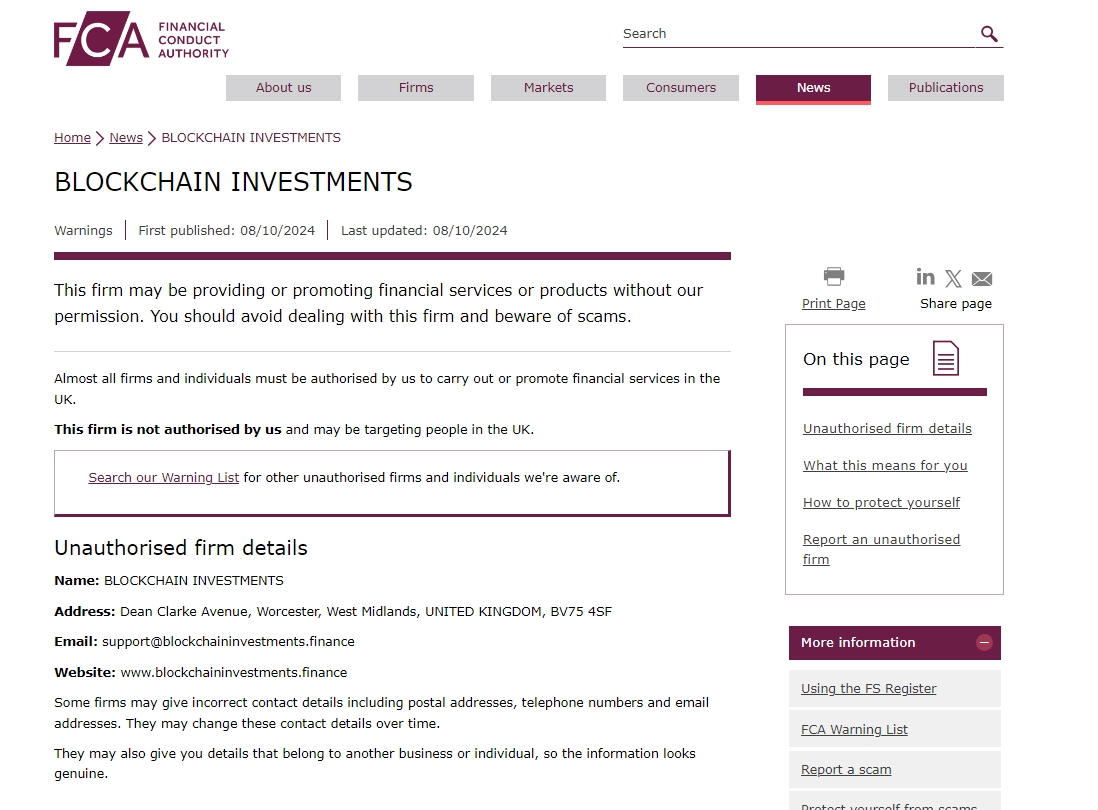 FCA issued warning against Blockchaininvestments.finance