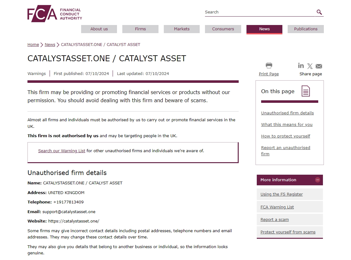 FCA issued warning against Catalystasset