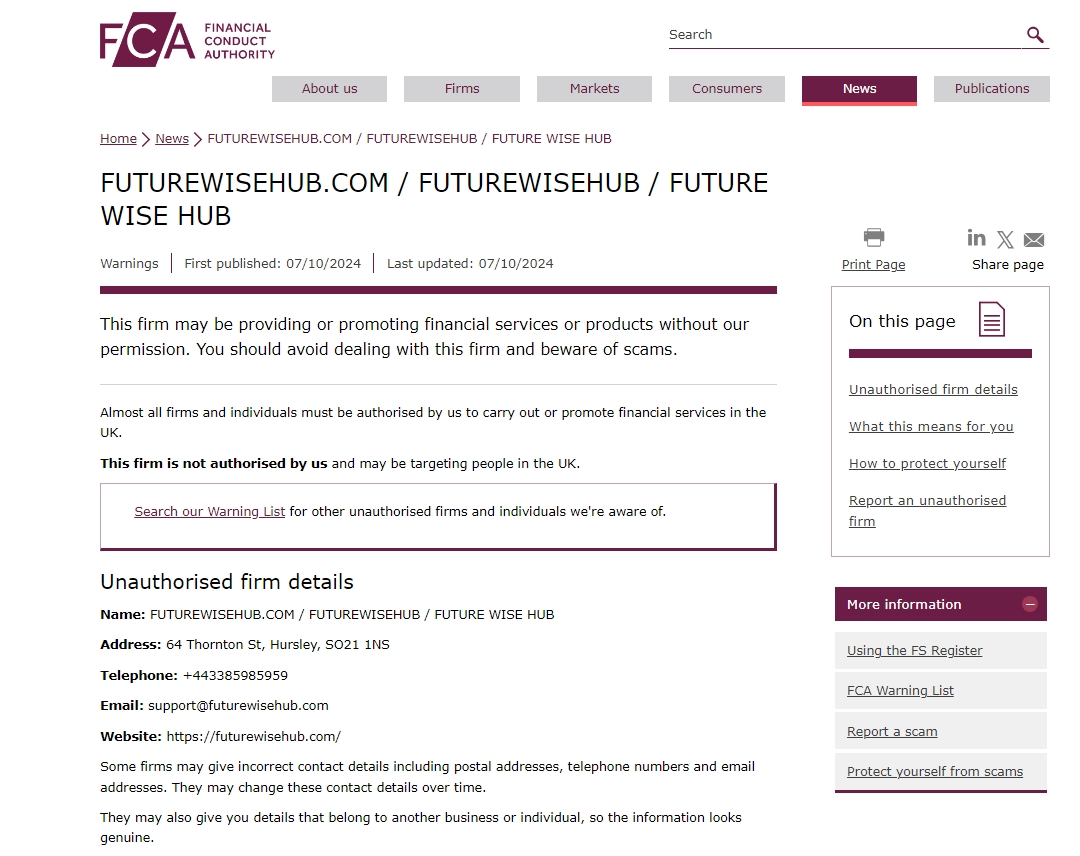 FCA issued warning against Futurewisehub