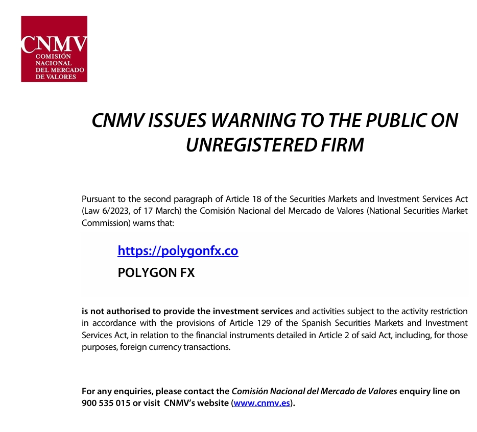 CNMV issued warning against Polygonfx.co