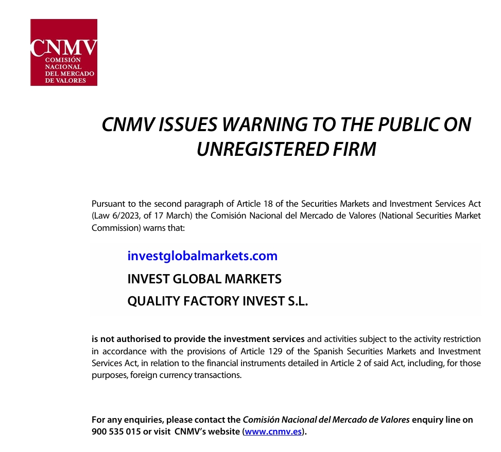 CNMV issued warning against Investglobalmarkets 