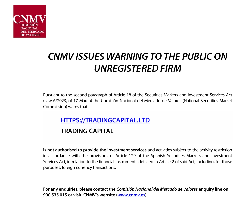 CNMV has issued a warning against Tradingcapital.ltd 