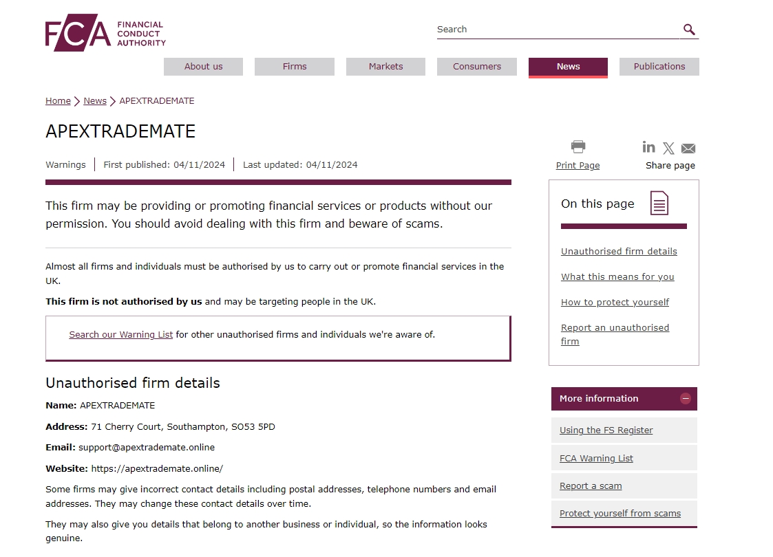 FCA issued warning against Apextrademate