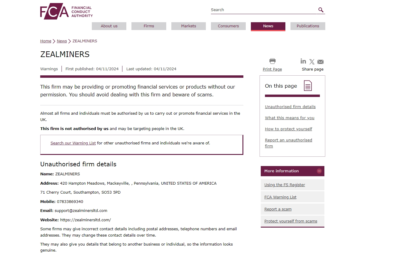 FCA issued warning against Zealminersltd