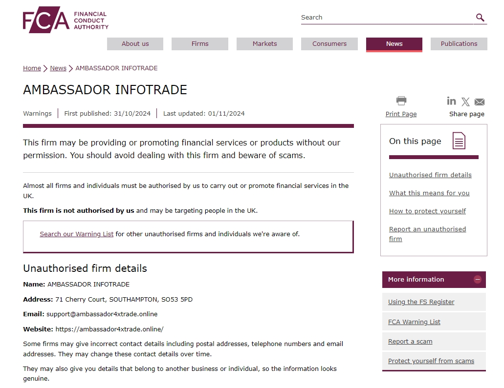 FCA issued warning against Ambassador4xtrade.online