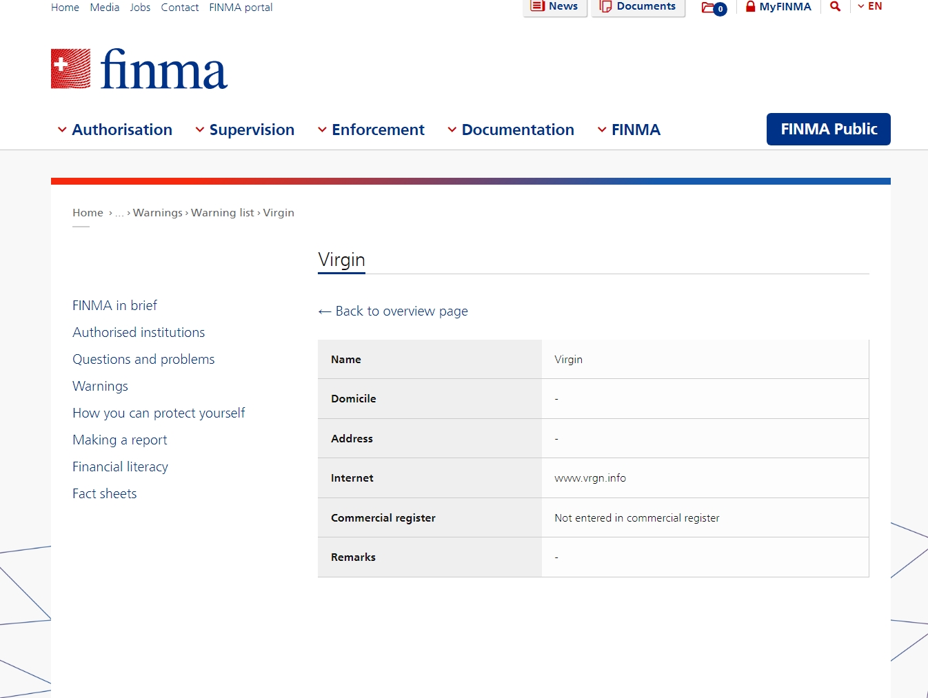 FINMA issued warning against Vrgn.info