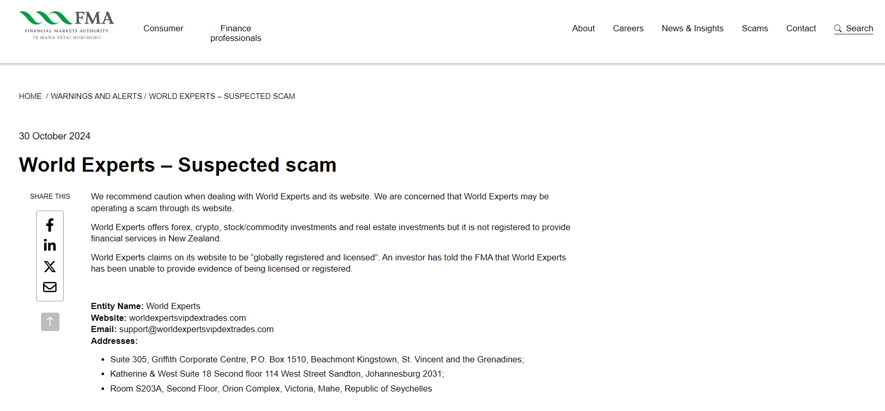 FMA has warned Worldexpertsvipdextrades