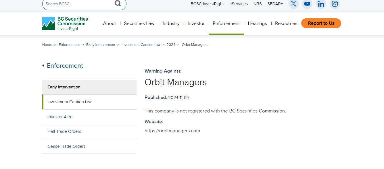 BCSC has issued a warning to Orbitmanagers 