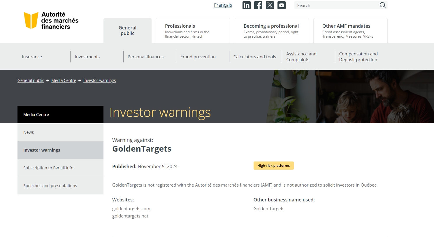 AMF has issued a warning on Goldentargets.com