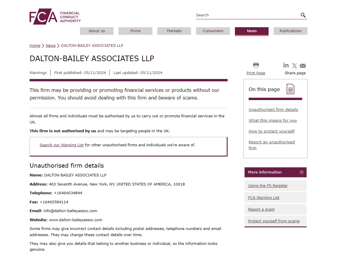 Dalton-Bailey Associates has been warned by FCA