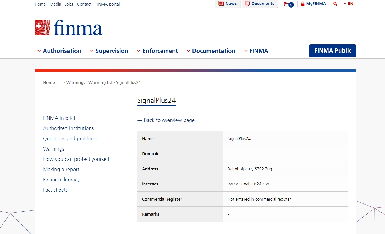 FINMA issued warning against SignalPlus24