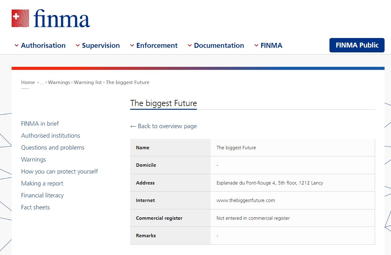 FINMA issued warning against Thebiggestfuture.com