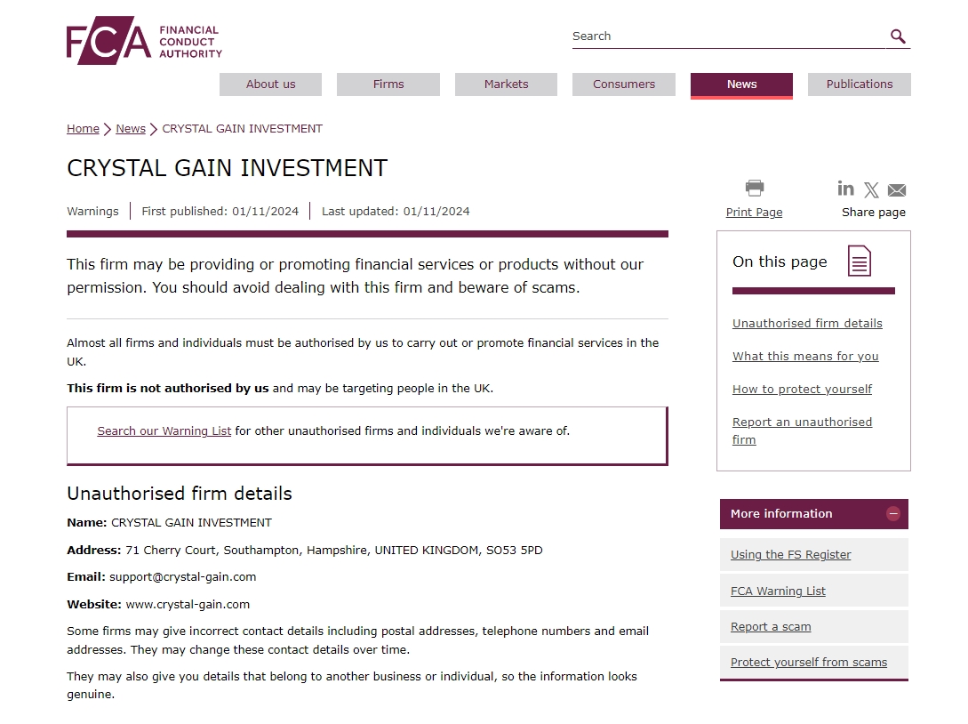 FCA issued warning against Crystal-gain.com