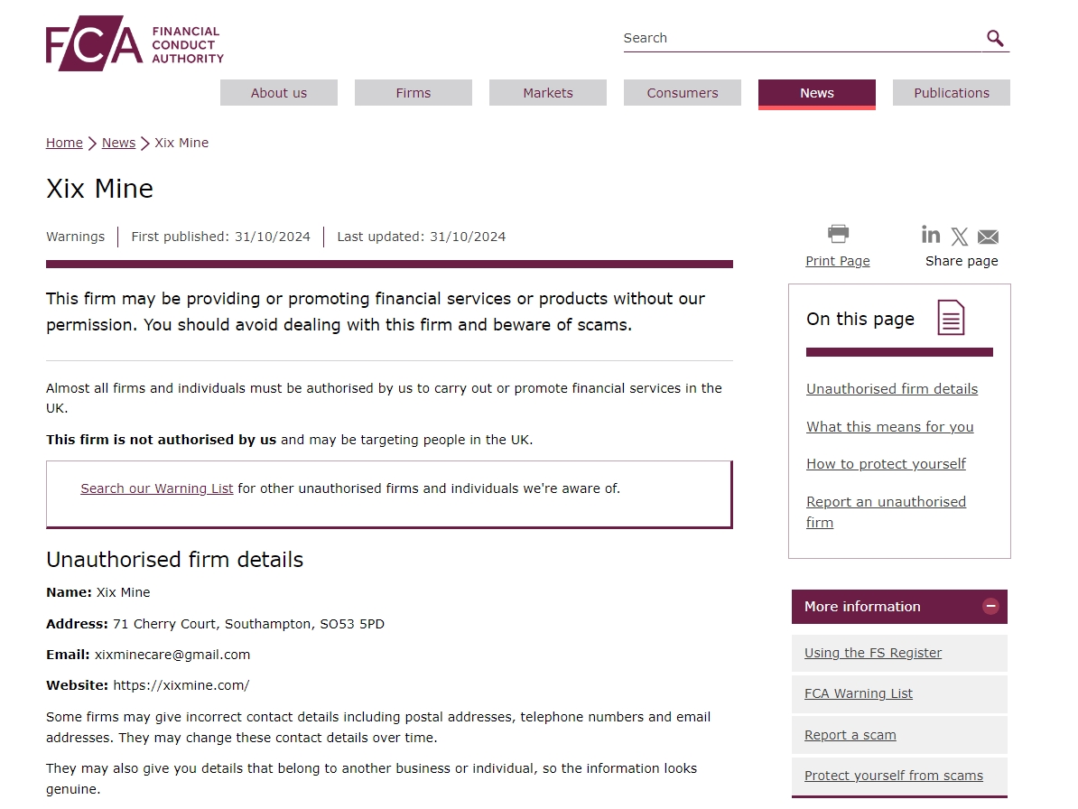 FCA issued warning against Xixmine