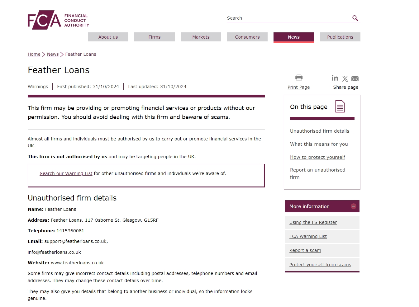 FCA issued warning against Featherloans.co.uk