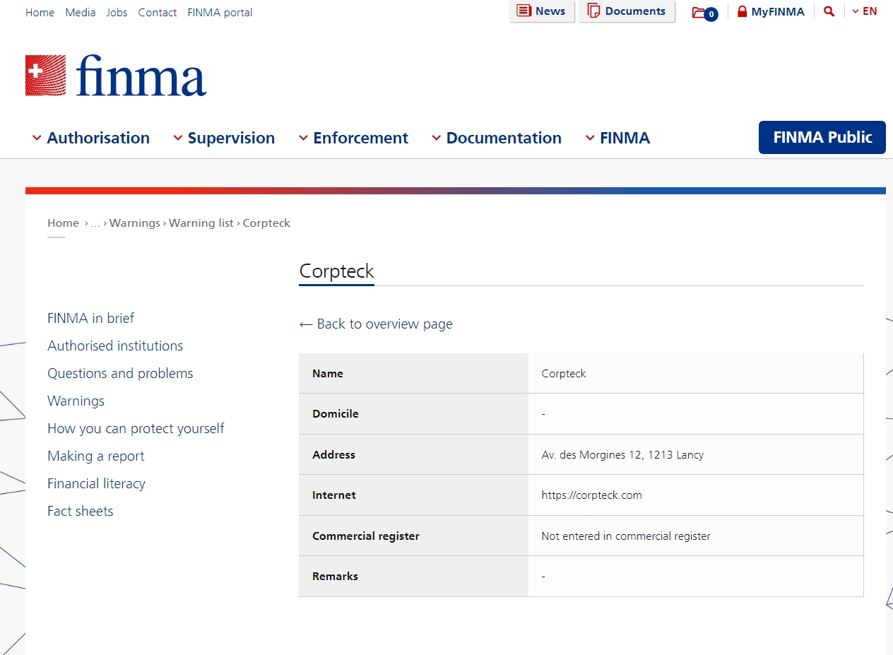 FINMA issued warning against Corpteck