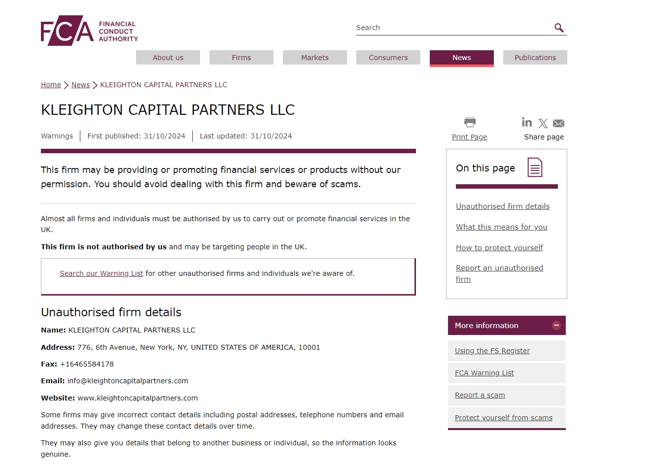 FCA issued warning against Kleightoncapitalpartners