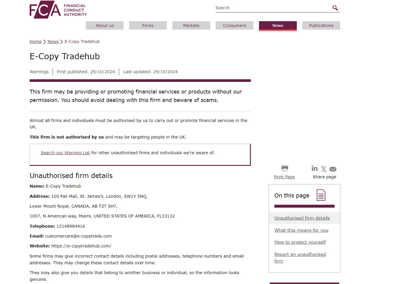 FCA issued warning against E-Copy Tradehub