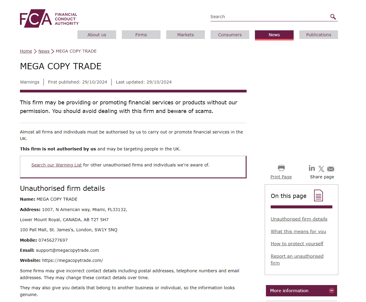 FCA has issued a warning to Megacopytrade