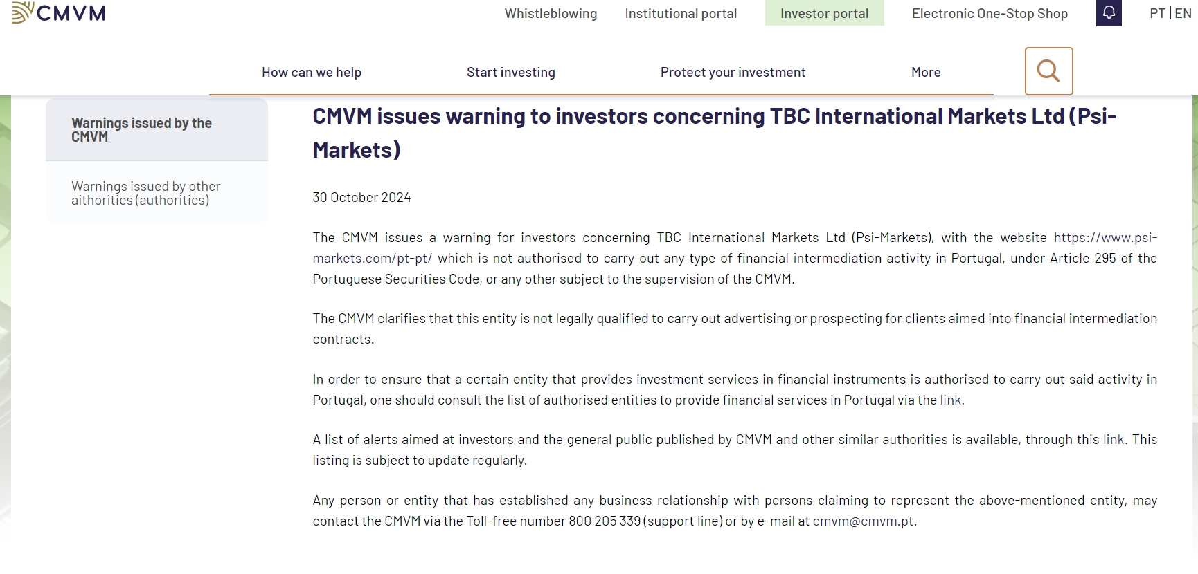 TBC International Markets Ltd (Psi-Markets) has been warned by the CMVM