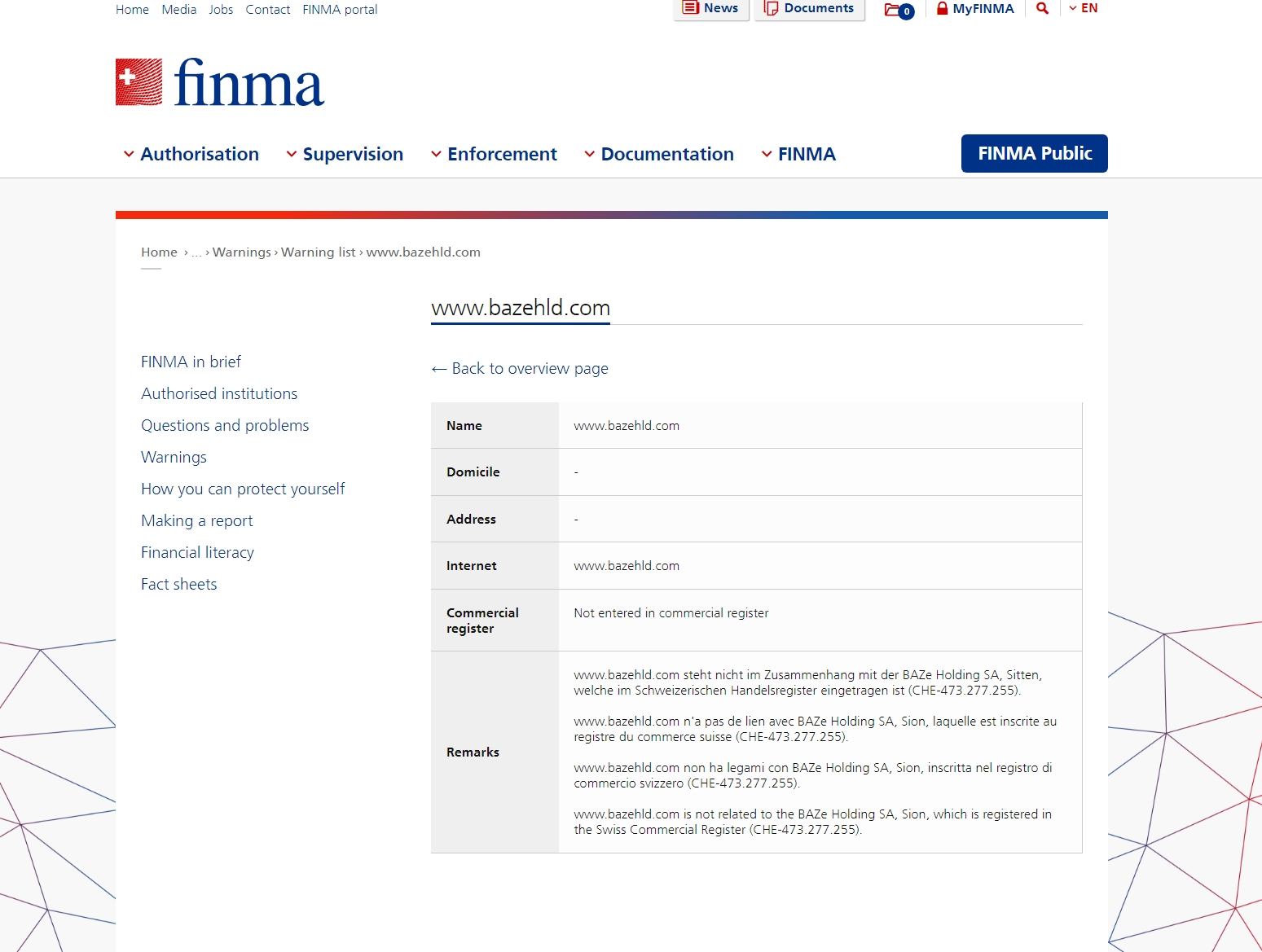 FINMA issued warning against Bazehld.com