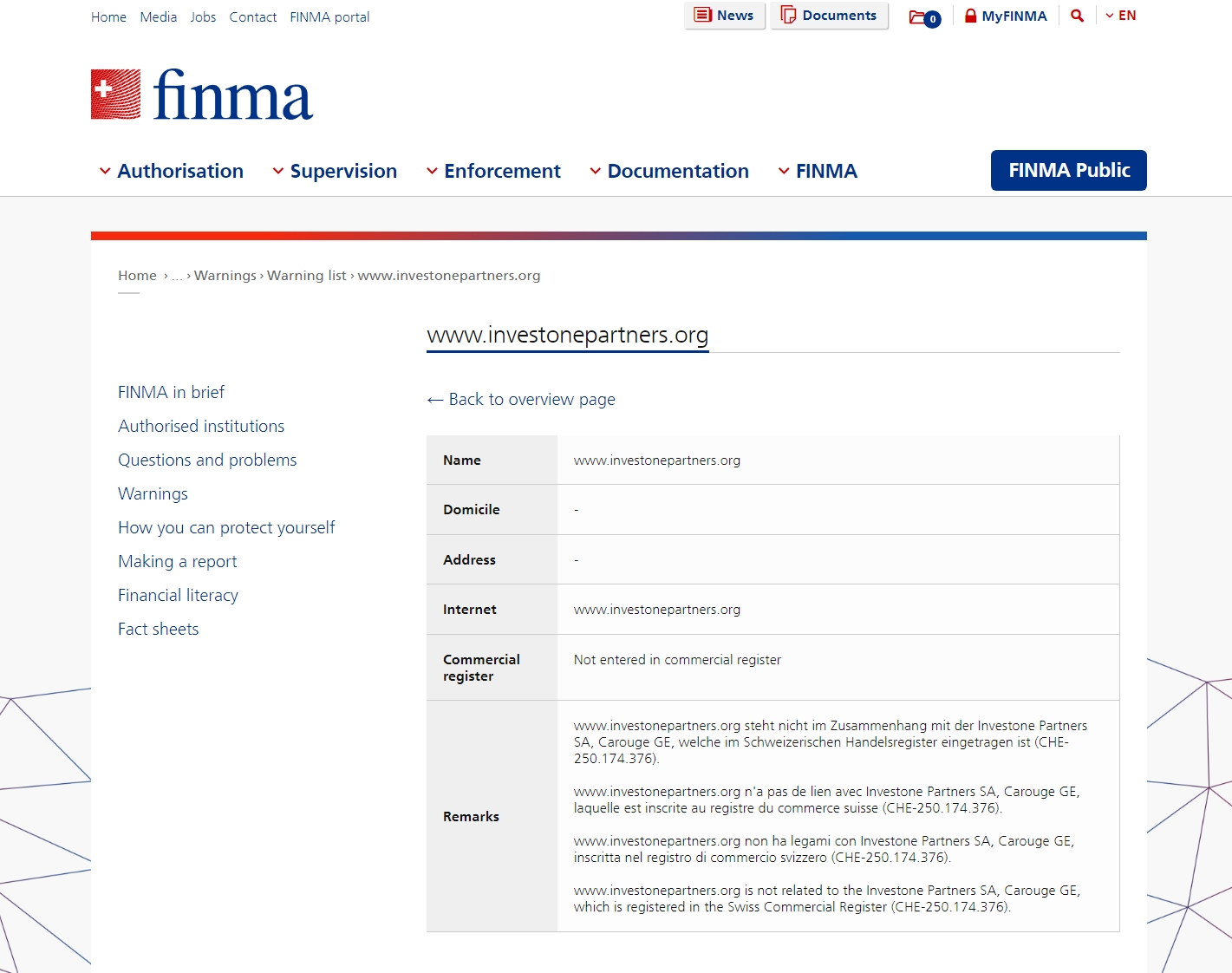 FINMA issued warning against Investonepartners.org