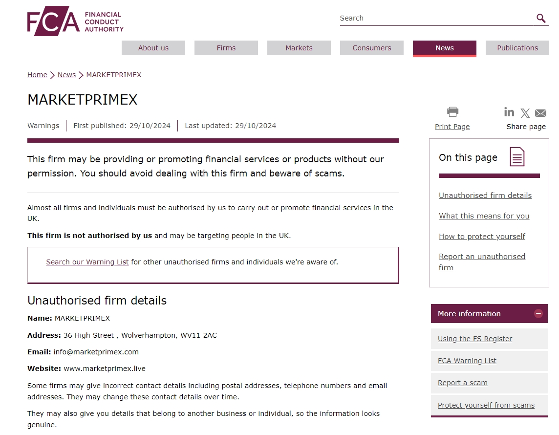 FCA issued warning against Marketprimex.live