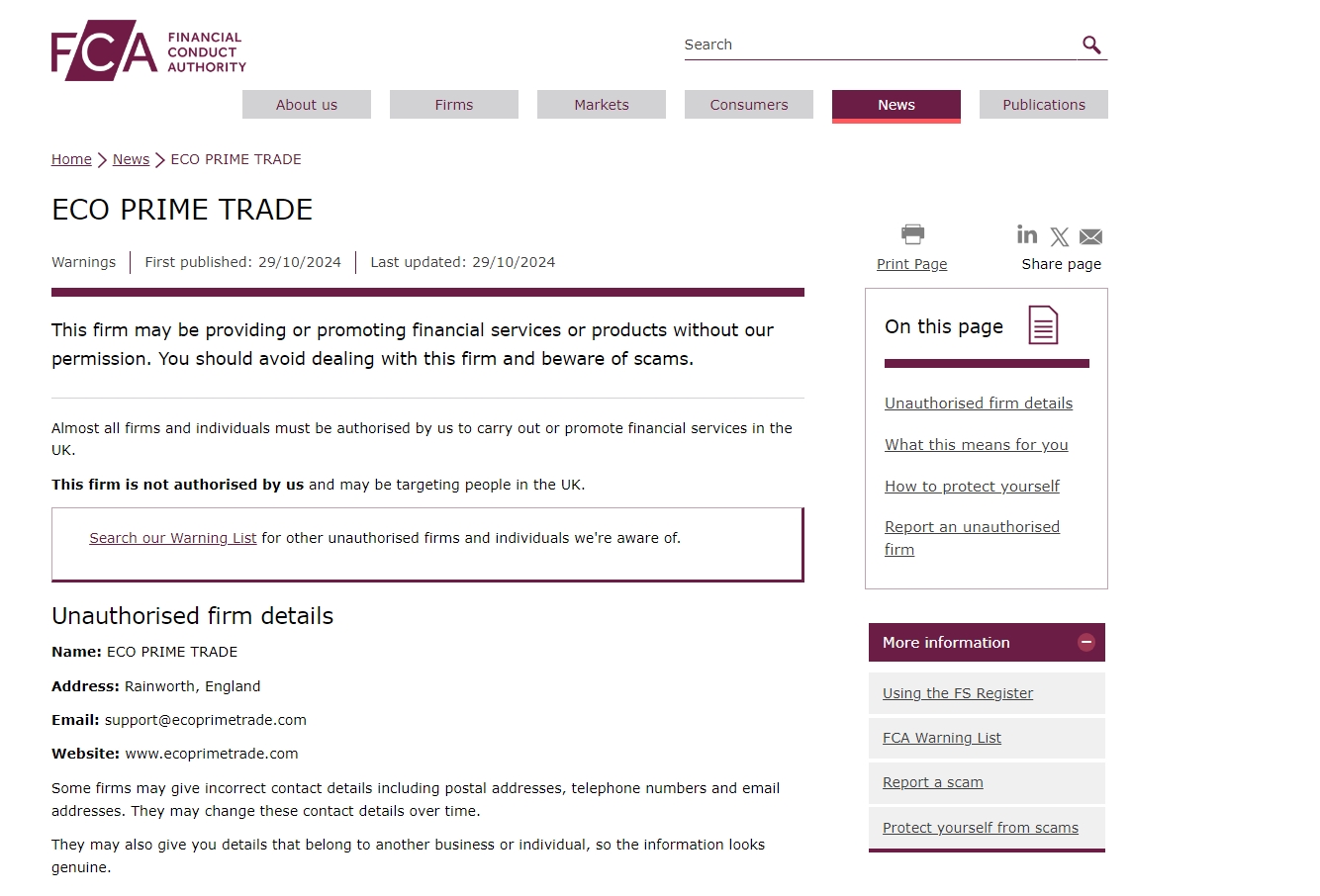 FCA issued warning against Ecoprimetrade