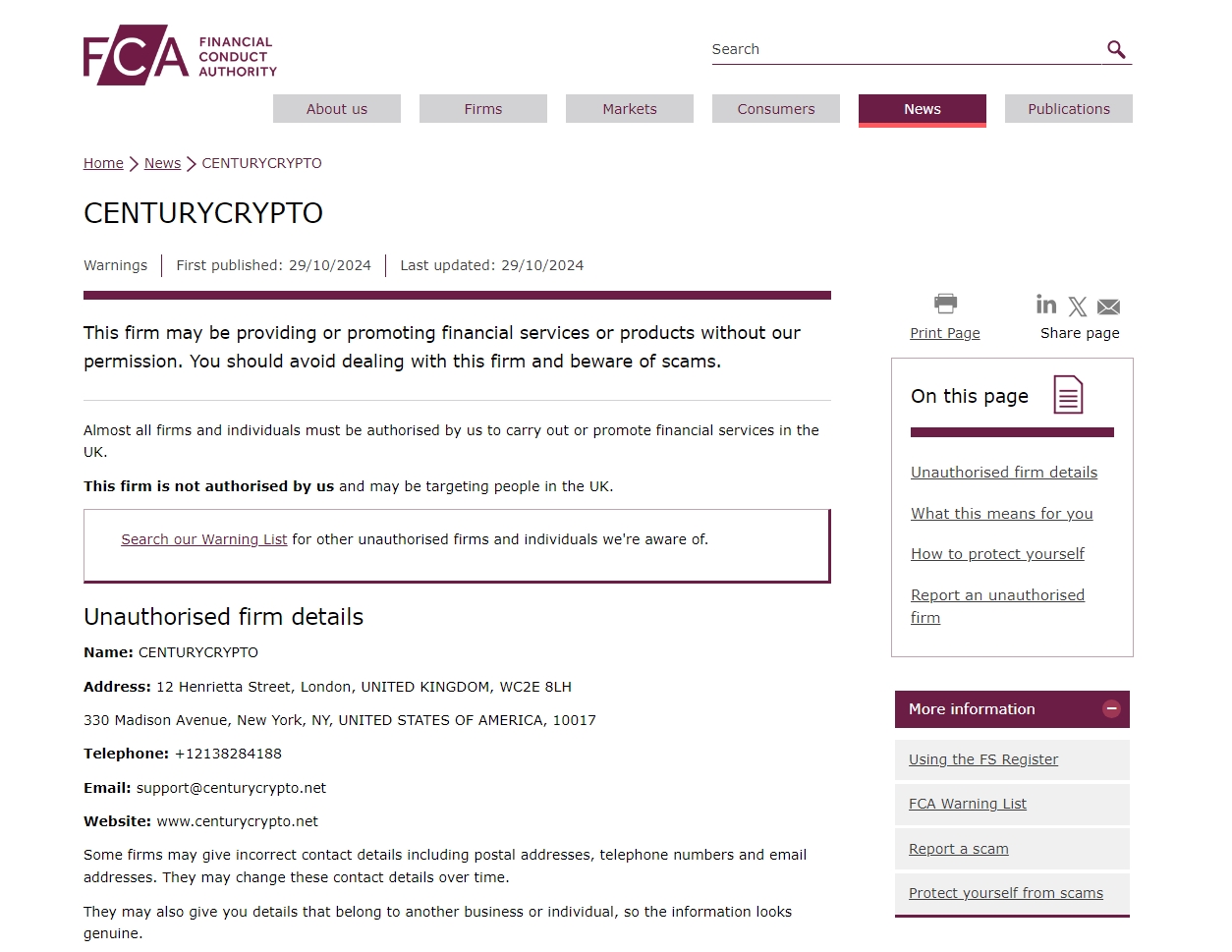 FCA issued warning against 
Centurycrypto.net
