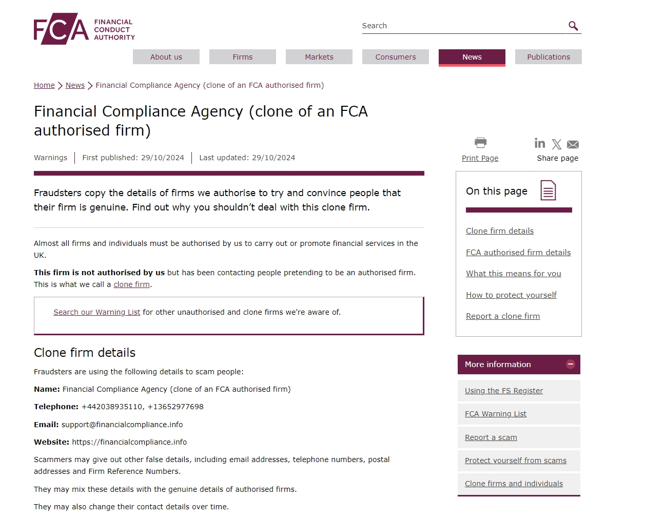 FCA issued warning against 
Financial Compliance Agency (Clone)
