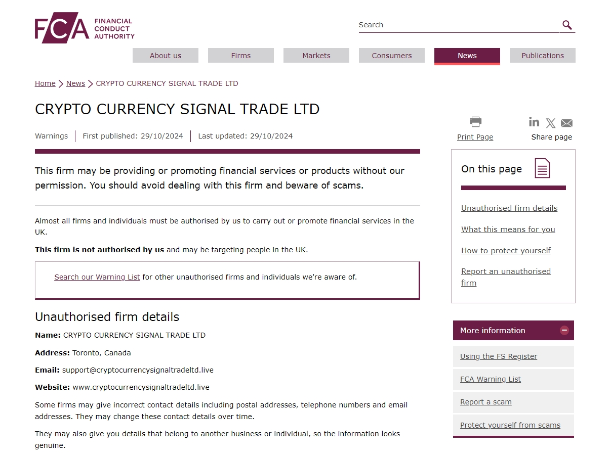 FCA issued warning against Cryptocurrencysignaltradeltd.live